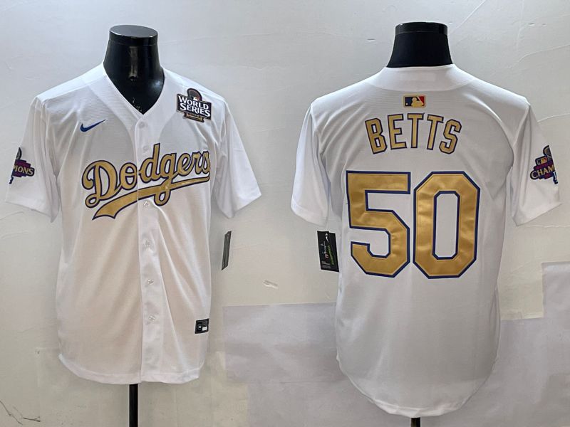 Men Los Angeles Dodgers #50 Betts White Champion gold character 2025 Nike MLB Jersey style 8->los angeles dodgers->MLB Jersey